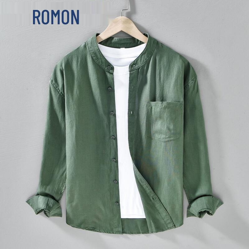 ROMON Men s Tencel Linen Stand Collar Long Sleeve Shirt 3XL