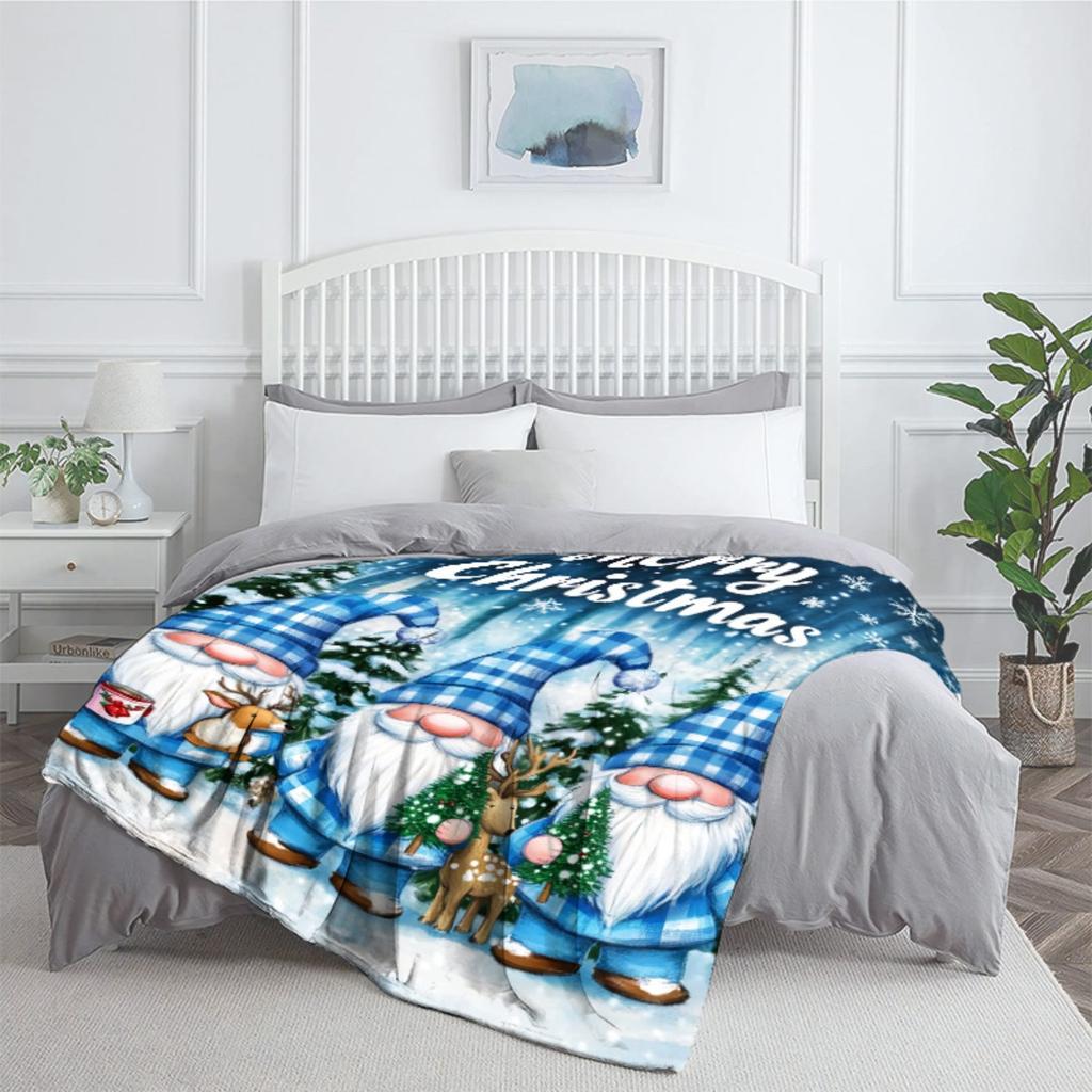 1pc Merry Christmas Gnomes Snow Forest Fleece Blanket Holiday Themed Soft Plush Throw Winter Gift for Family