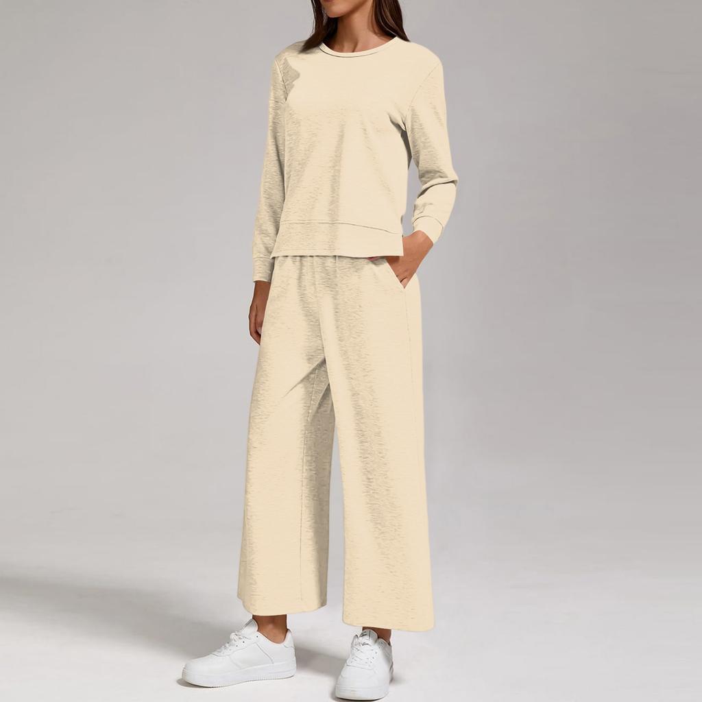 Women's Casual Round Neck Loose Fit Sweatshirt and Joggers Set with Split Hem