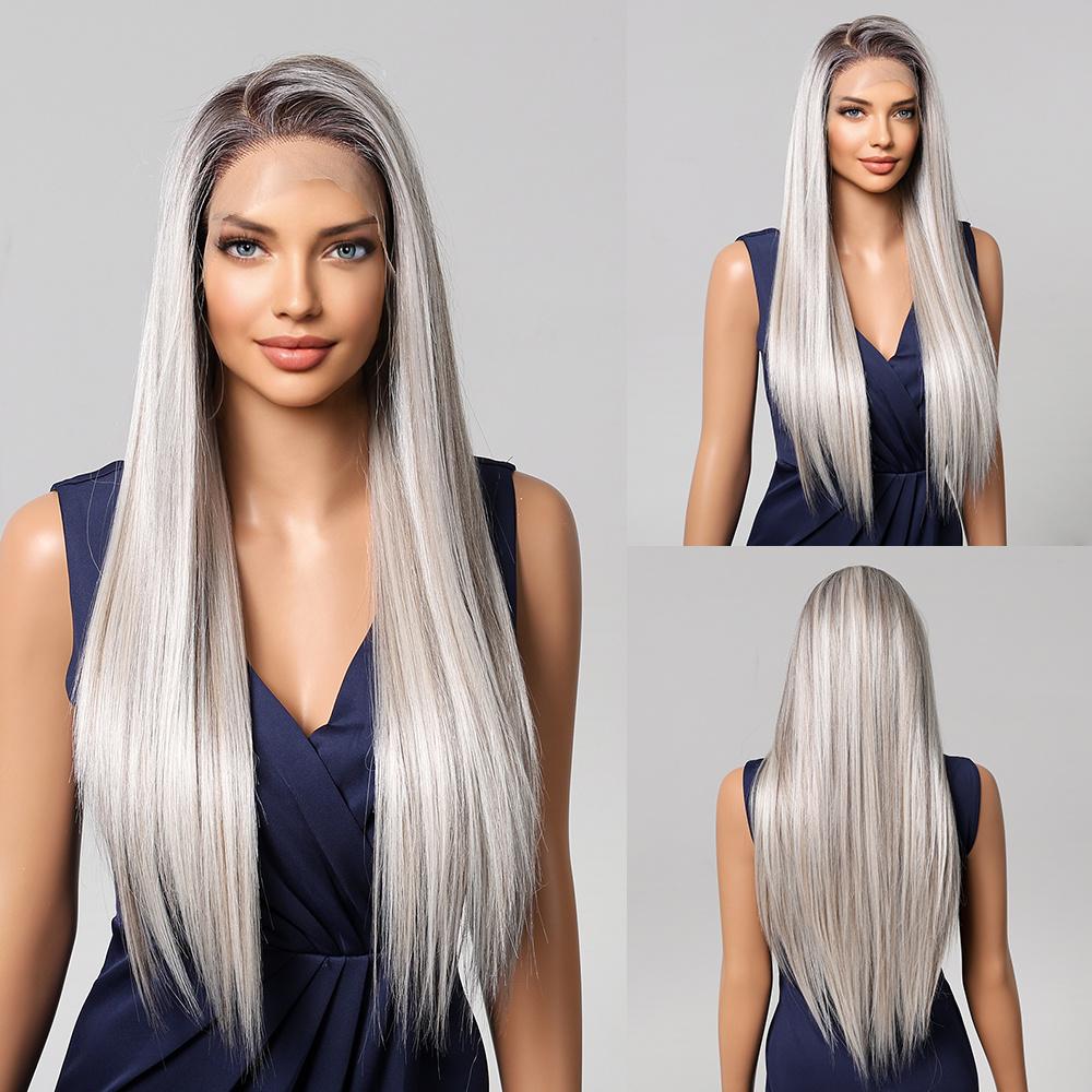 LOUIS FERRE Synthetic 13x6 Lace Wigs Long Straight Hair Gray Ombre Wigs Daily Use Party Wig for White Women Heat Resistant