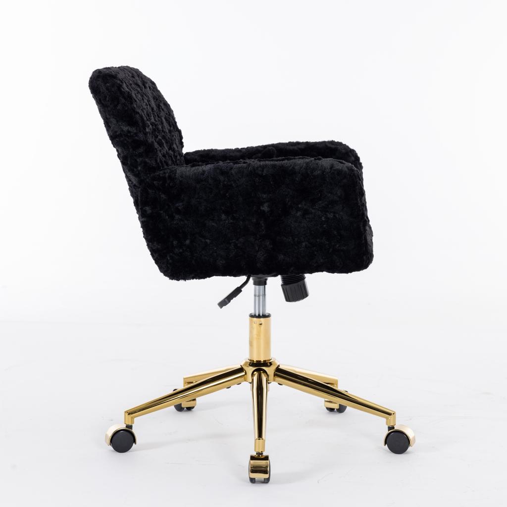 Fluffy Faux Rabbit Hair Vanity Chair, Black Adjustable Height 360 Degrees Swivel Home Office Chair with Armrest, Golden Metal Rolling Base,DE1831BK