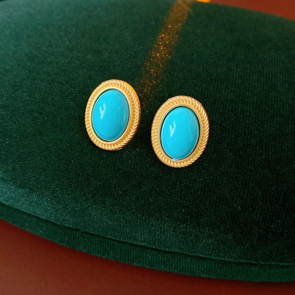 Oval Shape Collar Necklace Retro Women s Stud Earrings Gift Jewelry Banquet Event Ear Studs-Blue
