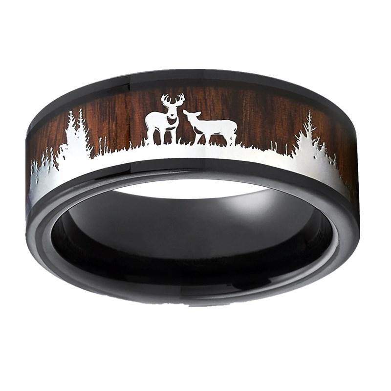 8mm Herren Schwarzer Wolfram Ehering Jagdringe Holzintarsie Hirschgeweih Silhouette Verlobungsring Herren Ehering