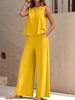 2025 Elegant Solid Color Two-Piece Set: Crew Neck Tank Top & Wide-Leg Pants for Women