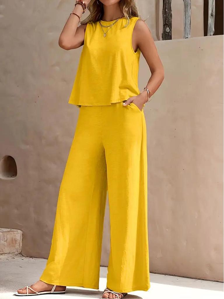 2025 Elegant Solid Color Two-Piece Set: Crew Neck Tank Top & Wide-Leg Pants for Women