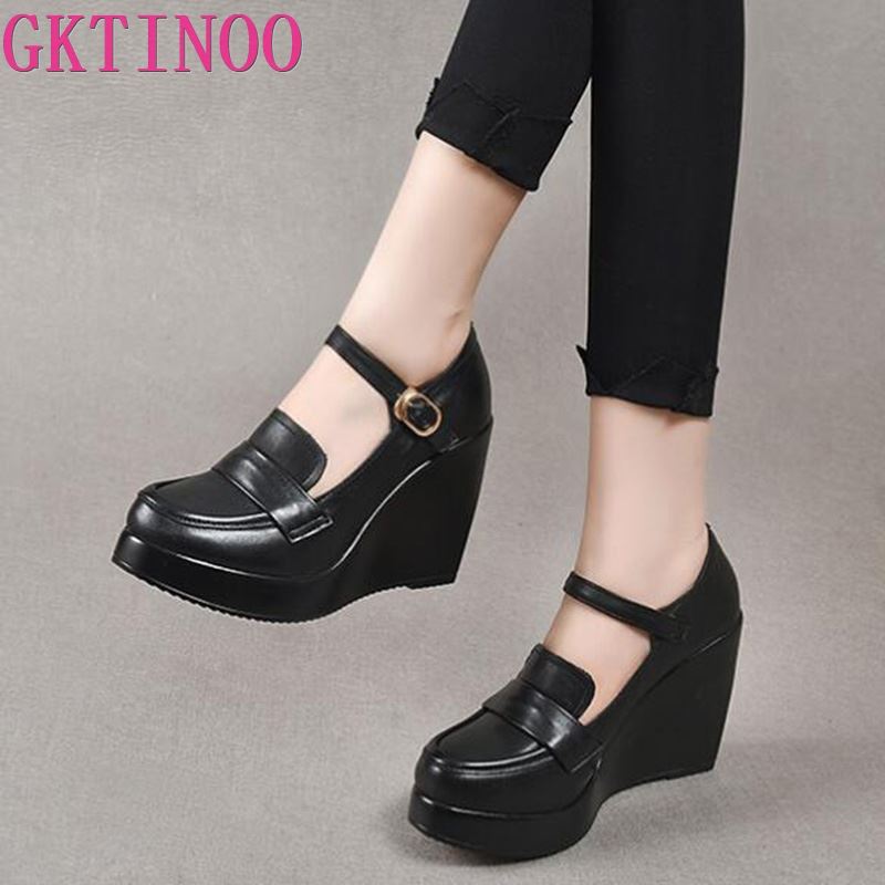 Fashion GKTINOO 2025 Wedges Women Shoe Spring Autumn Slip-On High Heels Round Toe Genuine Leather Casual Ladies Platform Shoes Woman