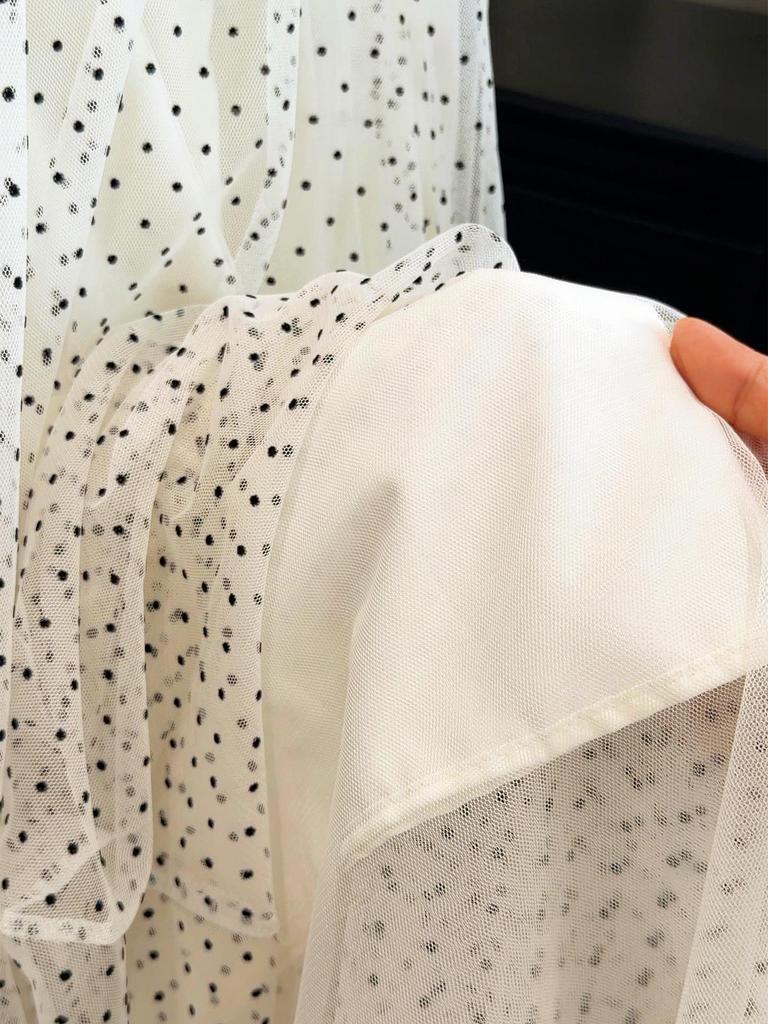 Korean Polka Dot High-Waisted Mesh Midi Skirt, Spring/Summer 2026, Elegant A-Line with Drapey Wide Hem.