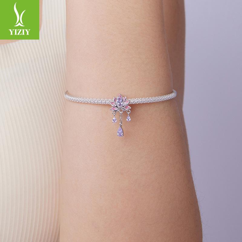 Gradual Change Pink Purple Lotus Diy Silicone Positioning Beads, Sweet Dream Tassel S925 Silver Beads