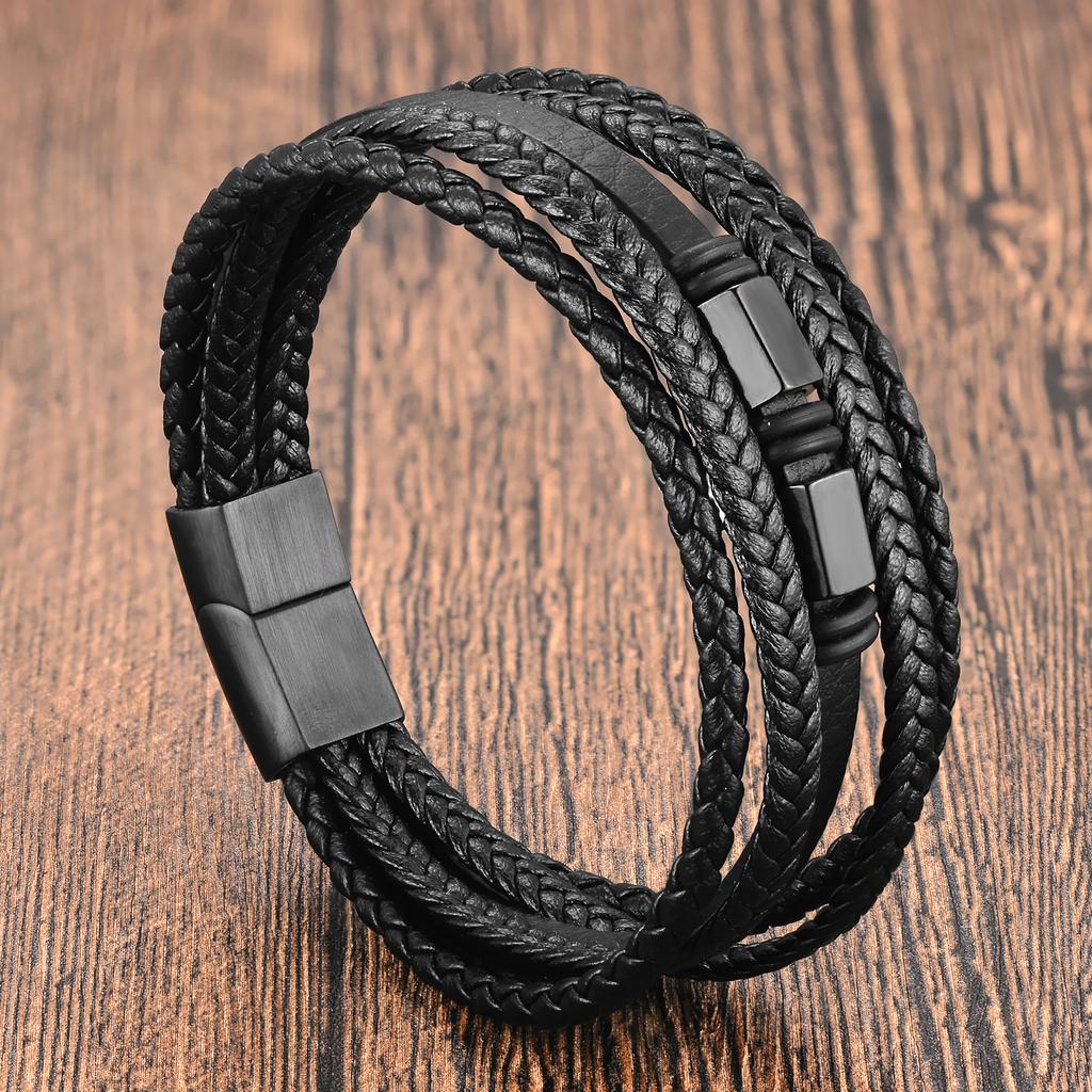 Zwart Leer Touw Koeienhuid Heren Dubbele Laag, Echt Leer Gevlochten Armband Handgemaakt Meerlaagse Leer Armband