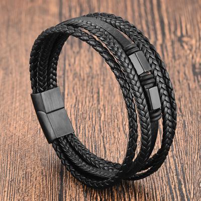 Pulsera Tejida de Cuero Genuino Trenzado de Piel de Vaca y Cuerda Negra para Hombre Doble Capa Pulsera de Cuero Multicapa Hecha a Mano 2026