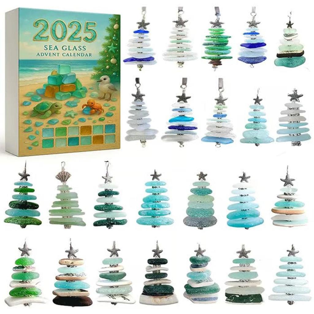 Sea Glass Christmas Tree Advent Calendar 2025 with 24 Mini Christmas Tree Ornaments Christmas Advent Calendar for Home Decor