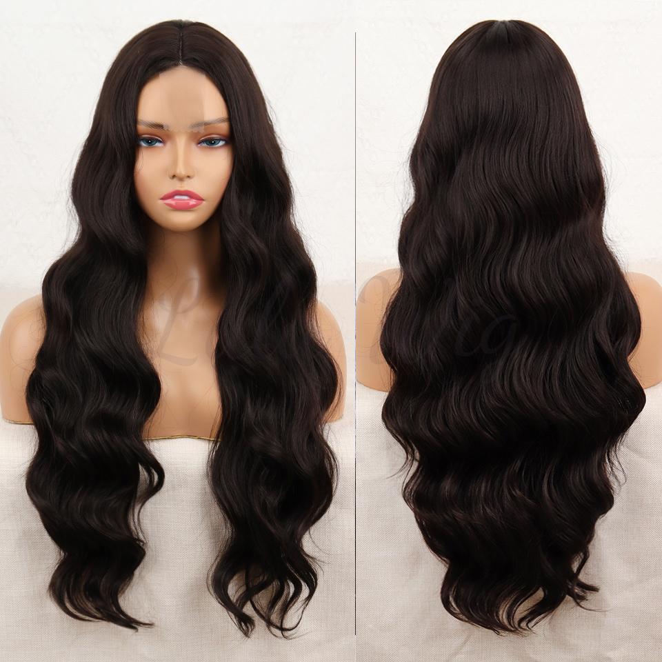 XINRAN Women Fashion Long Water Wave Wig Without Bangs Synthetic Fiber Ombre Brown Blonde Color Body Wave Lace Front Wig