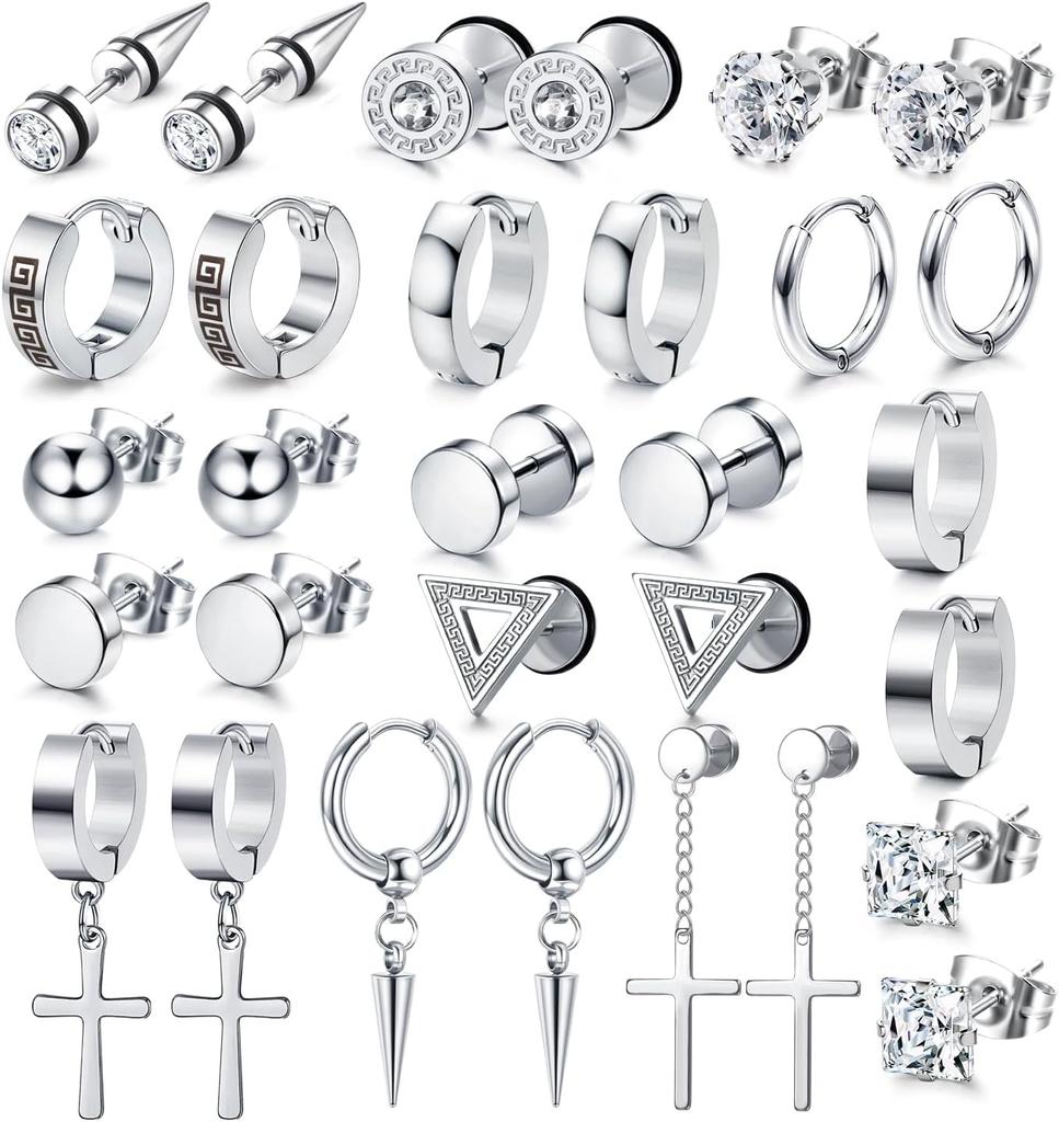 Bobiaty 15Pairs Stainless Steel Stud Earrings for Men Women Goth Hypoallergenic Zirconia Hoop Dangle Earrings Set Halloween
