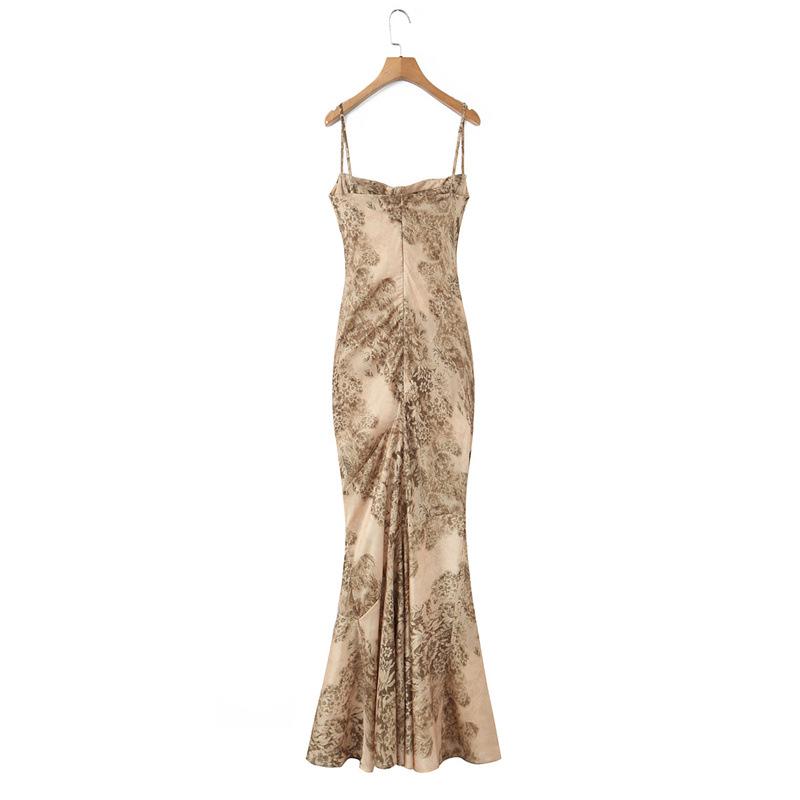 2025 Winter Golddruck Satin Schlanke Passform Langes Abendkleid
