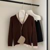 Women's V-Neck Wool Sweater: Color Block, Faux Two-Piece, Long Sleeve Knitwear