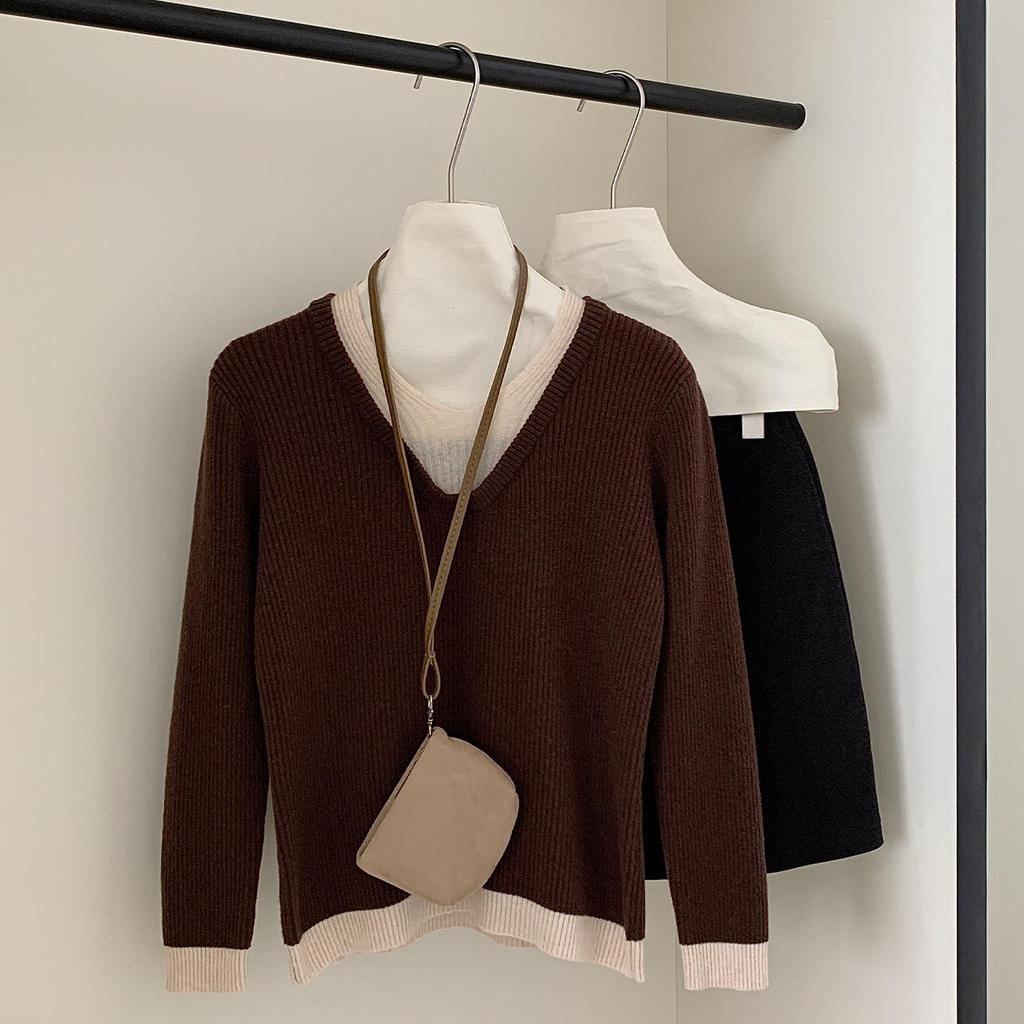 Women's V-Neck Wool Sweater: Color Block, Faux Two-Piece, Long Sleeve Knitwear