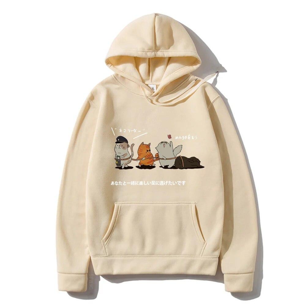 Men Hip Hop Unisex's Hoodies Streetwear Japanese Kanji Harajuku Funny Cat Unisex Hoodies Sweatshirts Autumn Winter Oversized Clothing