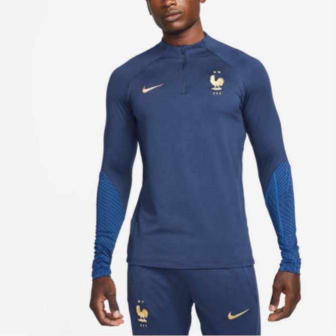 Nike Dri-FIT France Strike Training Sportswear Embroidered Logo Slim Fit Long Sleeve Football Shirt Men Tops Blue DH6455-410