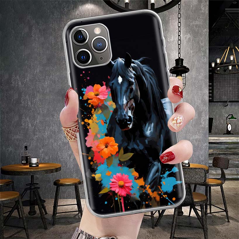 Étui de téléphone souple Cheval Noir Animal Pour IPhone 11 17 Air 16E 16 Pro Max 15 + 14 Plus 13 Mini 12 Apple 7 SE 8 Fundas Coque 11 17 A
