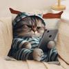 Cute Cat Holding Phone Cushion Cover Silky Short Plush Invisible Zipper Dustproof Sofa Pillow Case For Home Decor