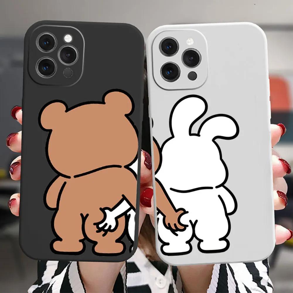 Funny Bunny Bear Couple Phone Case for IPhone 13 14 15 12 11 Pro Max Mini X XR XS MAX 7 8Plus SE2 Cute Animal Clear Paired Cover