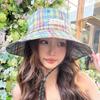 Wide Brim Women Sun Hat Sun Protection Sunscreen Bucket Hat Portable Plaid Fisherman Hat  Summer