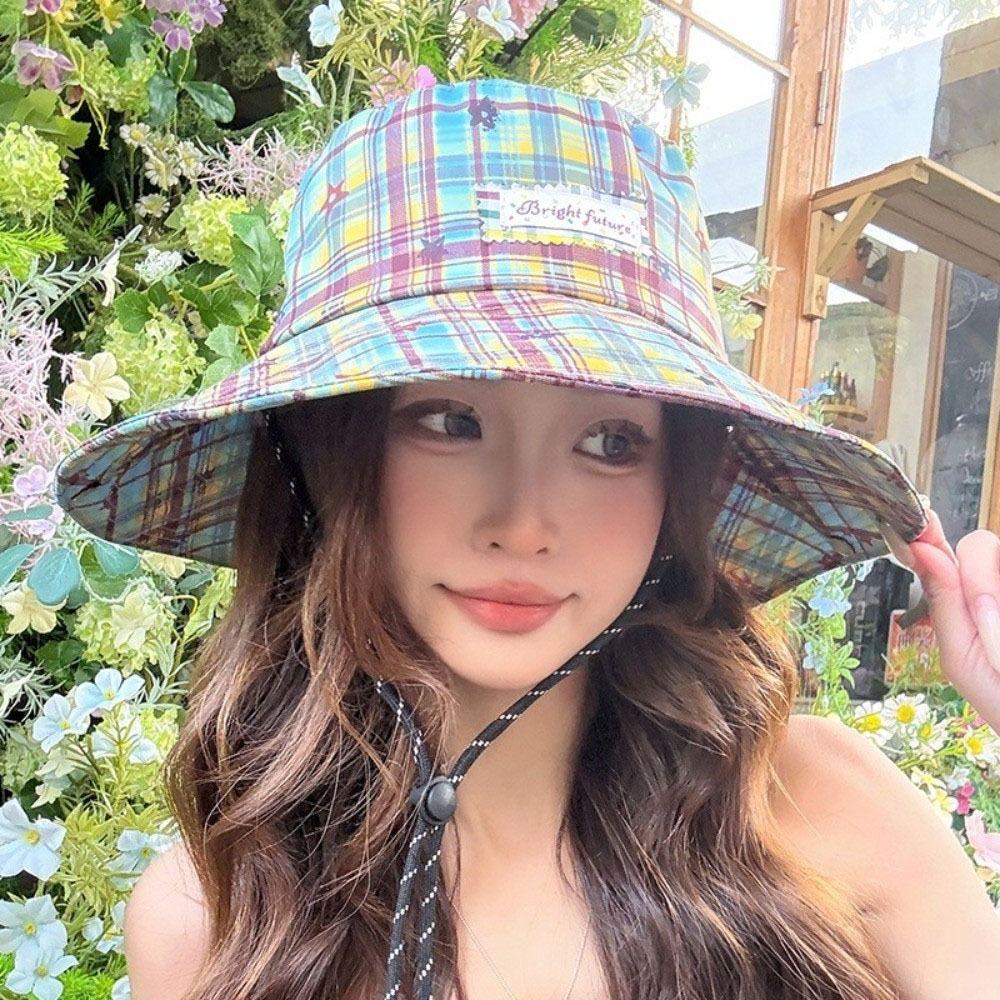 Wide Brim Women Sun Hat Sun Protection Sunscreen Bucket Hat Portable Plaid Fisherman Hat  Summer