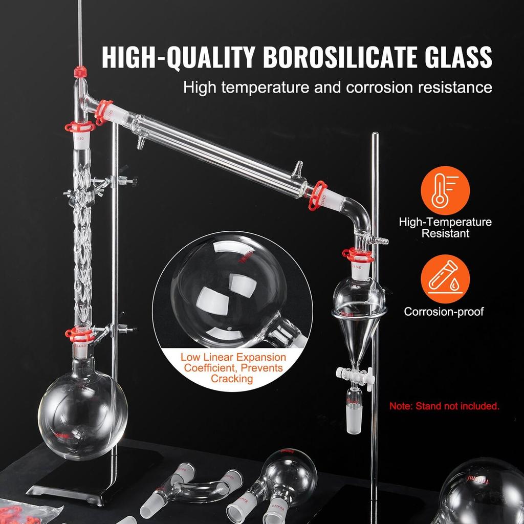 Lab Distillation Kit, 3.3 Boro Lab Glassware Distillation Kit with 24, 40 Joint, 1000ml Essential Oil Distillation Apparatus Kit, 29 Pcs Set of