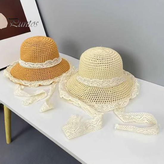 Sonnenhut aus Stroh mit breiter Krempe, gestrickter Fischerhut aus hohlem Stroh mit Spitzenbandverzierung, Sommer-Strandhut für Wanderausflüge und Reisen