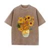 2026 Vintage Schwarz gewaschen Van Gogh Sonnenblumen Ölmalerei Grafik T-Shirt Retro Kunstdruck Übergroß Lässig Kurzarm Tee