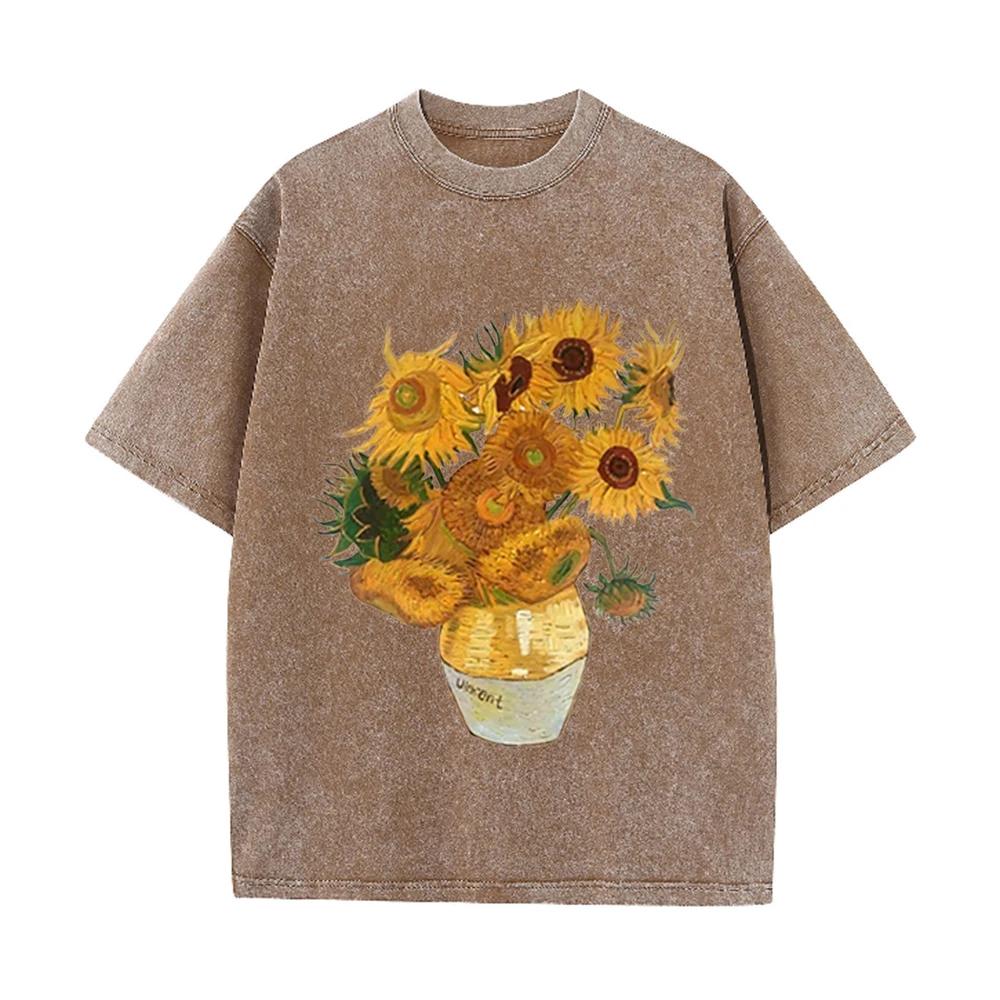 2026 Vintage Schwarz gewaschen Van Gogh Sonnenblumen Ölmalerei Grafik T-Shirt Retro Kunstdruck Übergroß Lässig Kurzarm Tee