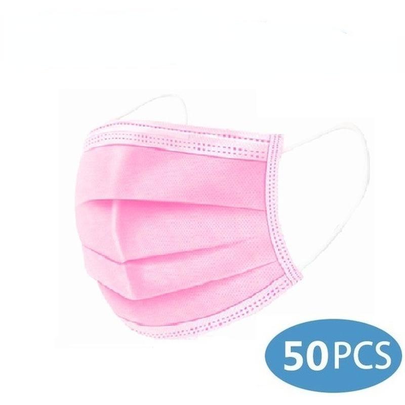 

50-200 шт. Маска одноразовая нетканая 3-слойная фильтрующая маска для взрослых маска для рта и лица безопасные дышащие маски против пыли 50 pcs розовый