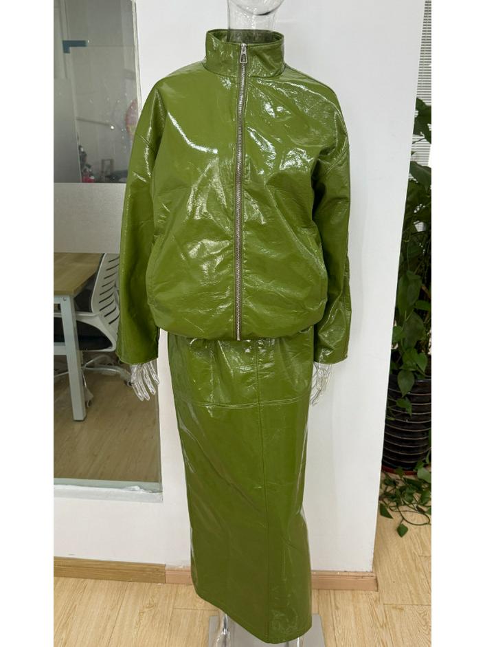 Ensemble Veste Col Montant en Cuir PU et Jupe Mi-longue pour Femmes Automne/Hiver 2025 - Bestseller Couleur Unie