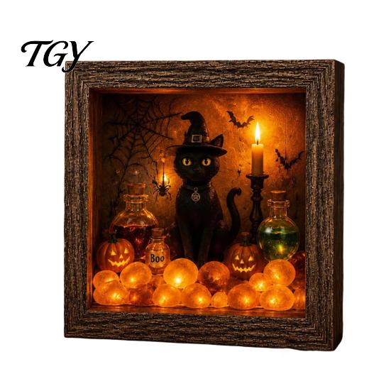 DIY Memory Box Display Lighted Halloween Ghost Shadow Kit, Wooden Frame LED Warm Light, Gothic Decorative Lamp with Crystal Glass Panel, Night