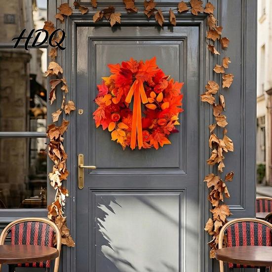 Thanksgiving Dekorationsgirlande für Eingang Herbst Ahornblatt Kürbis Kranz, Künstliche Beeren Ernte Türhänger Herbstlaub Veranda Thanksgiving,