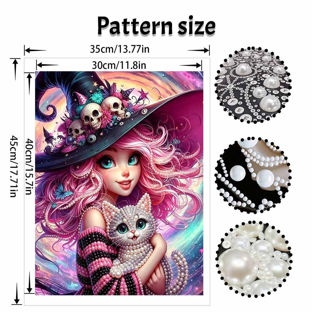 Halloween pearl painting art full pearl handmade diy home decorations witch with cat design vibrant colorful aesthetic wall art decor