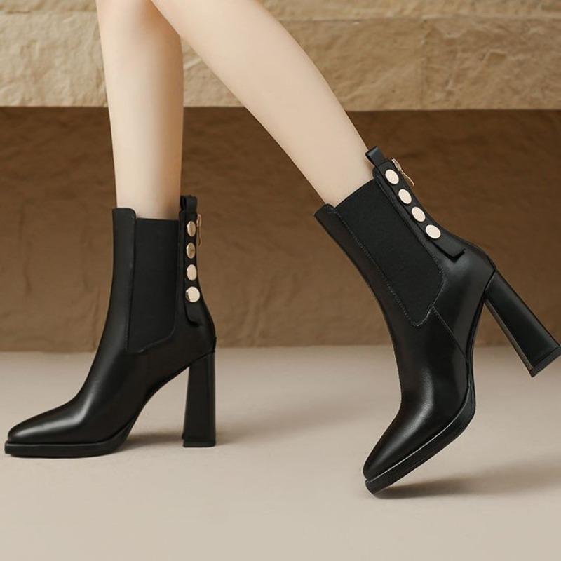 Winter New Thick Heel Cotton Boots Women's Square Head Back Zipper Rivet Anti-slip Wear-resistant Short Boots