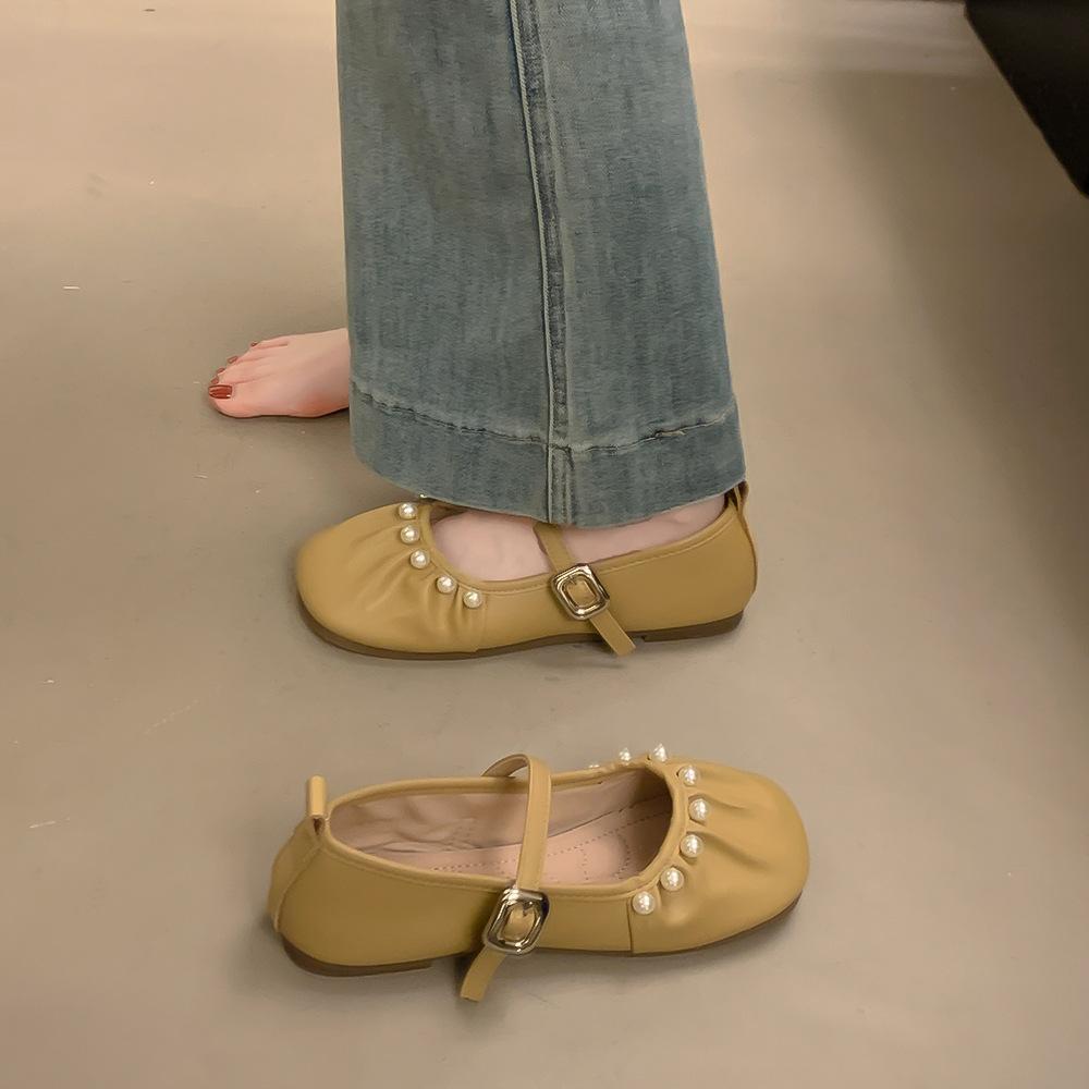 French Mary Jane Shoes Girl 2025 Autumn New Pearl Fairy Night Evening Wind Large Size Soft Sole Ballet Grandma Shoes