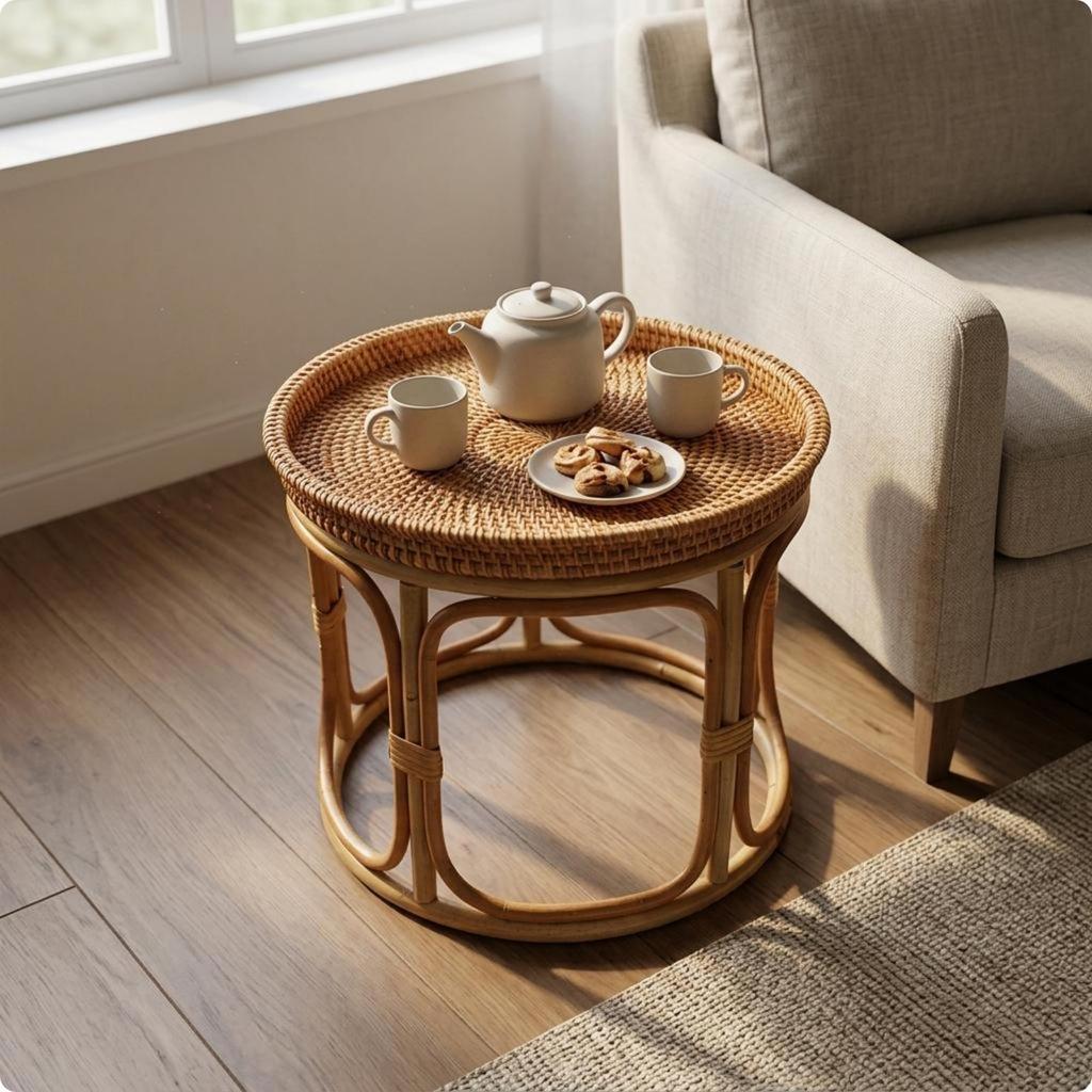 Rattan Side Table Handwoven Vintage Style Home Furniture for Tea Time, Living Room,