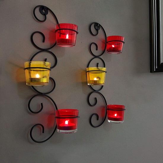 Set of 2 Wall Hanging Tealight Candle Holder Metal Wall Sconce with Glass Cups for Home Wall Decor Restaurant Gift