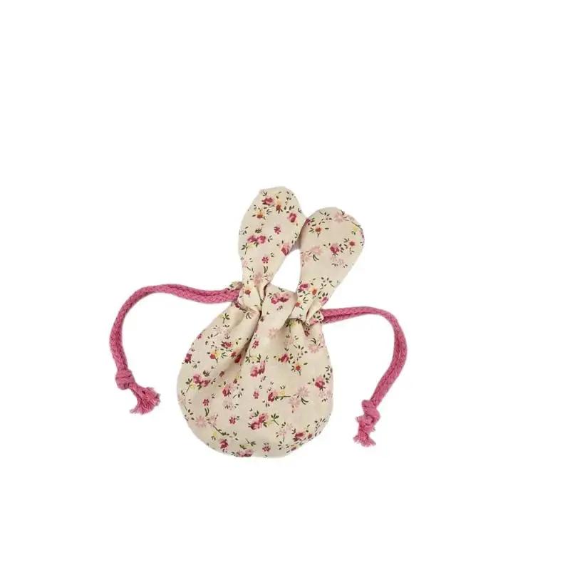 Cute Bunny Ear Flower Drawstring Storage Bag Outdoor Portable Cosmetics Lipstick Handbag For Outdoor Travel Storage Bag