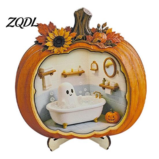 Rustic Autumn Harvest Decor Halloween Ghost Pumpkin Tabletop Sign, Wooden House with Mini Miniature Scene Gifts Scene, Fall Desktop Ornament for Home