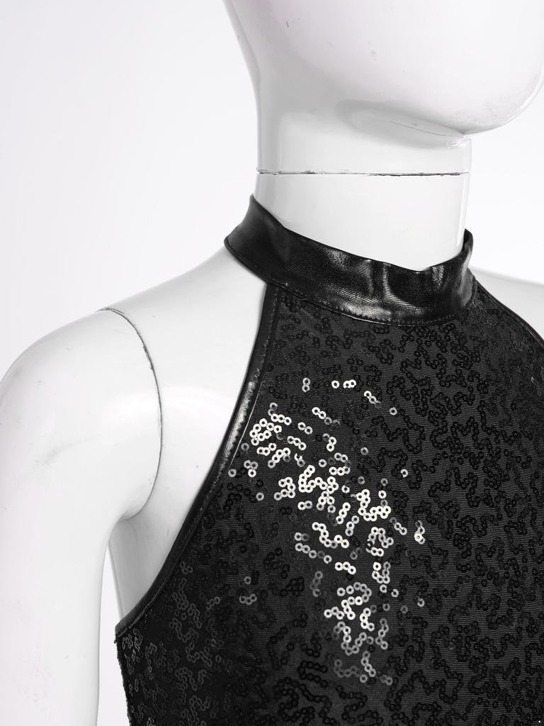 Kids Girls Sparkling Sequin Halter Crop Top Sleeveless Backless Tops for Cheerleading Jazz Dance Gymnastics