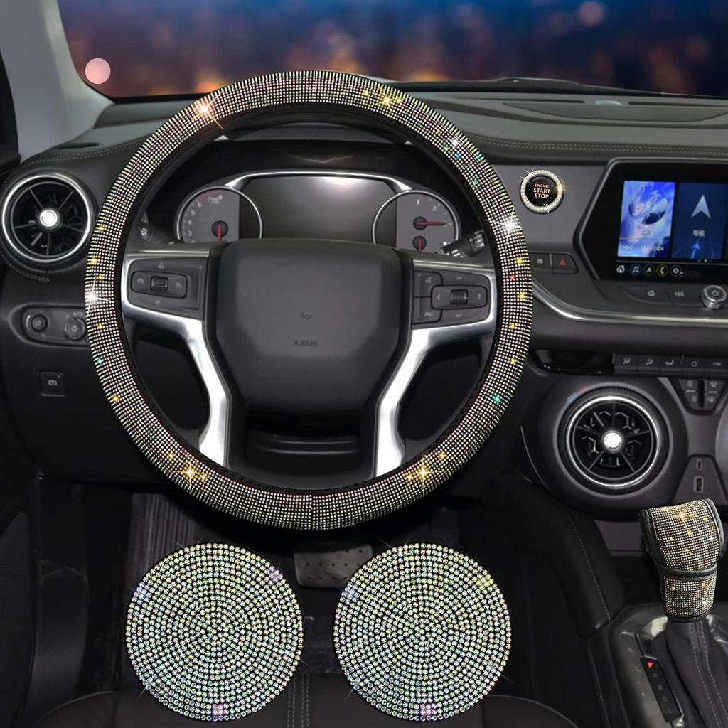11 Pcs Bling Car Accessories Set,Bling Car Accessories Set For Women,Steering Wheel Cover For Women Universal Fit 15 Inch,Rhinestone Center Console