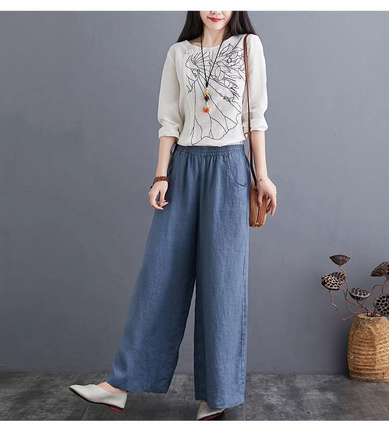 Frühlings- und Sommer-Literarische Baumwoll- und Leinenhosen Locker Große Größe Weiter Bein Hosen Hohe Taille Bodenlange Hosen Gerade Hosen Leinen Damen Hosen