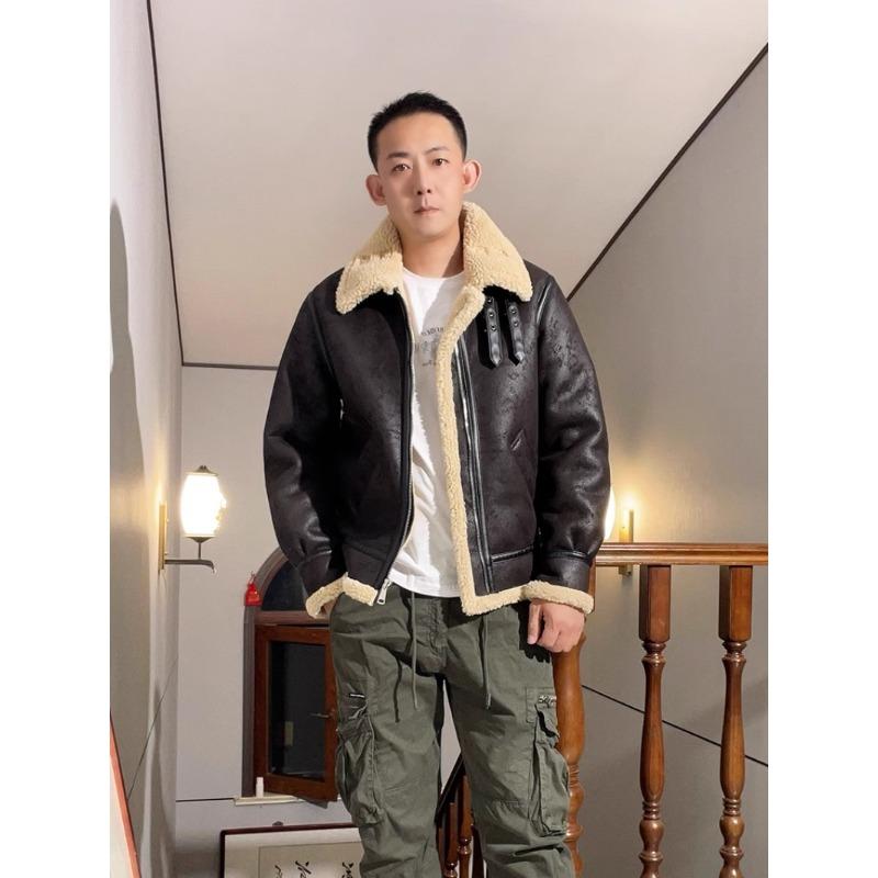 Vintage B3 Sheepskin Leather Jacket for Men Winter Thick Bomber Coat with Faux Fur Lining
