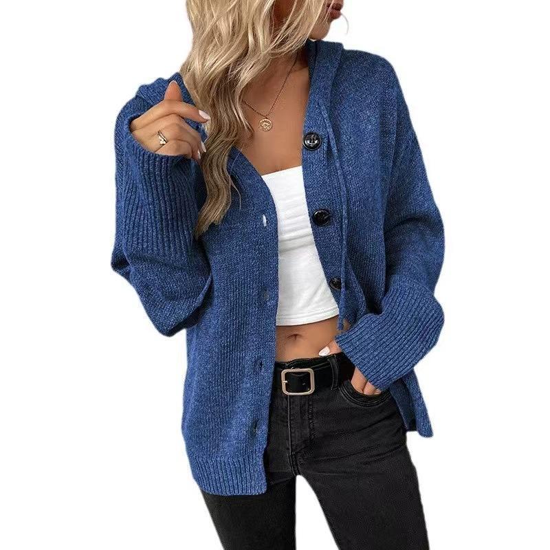 IHUASU Autumn and Winter Drawstring Knit Cardigan Jacket Women's Solid Colour Hooded Single-breasted Jumper