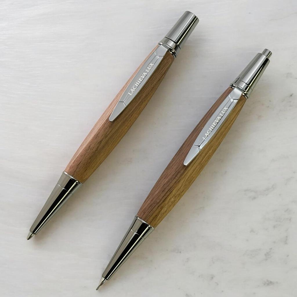 LACHIEVA LUX Luxury Walnut Wood Ballpoint Pen Mechanical Pencil Set Triangular Grip Unisex Gift & – Design,