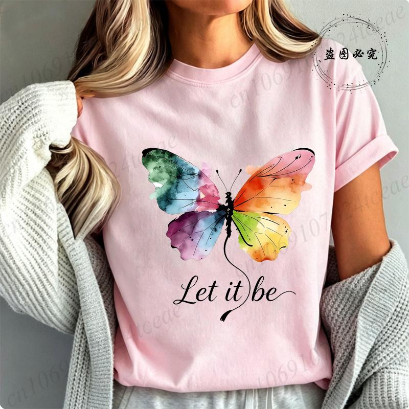 High Street T-Shirt Let It Be Rainbow Butterfly Print Shirt Fashion T-shirt Watercolor Butterfly Women Tee Summer Brand Tops