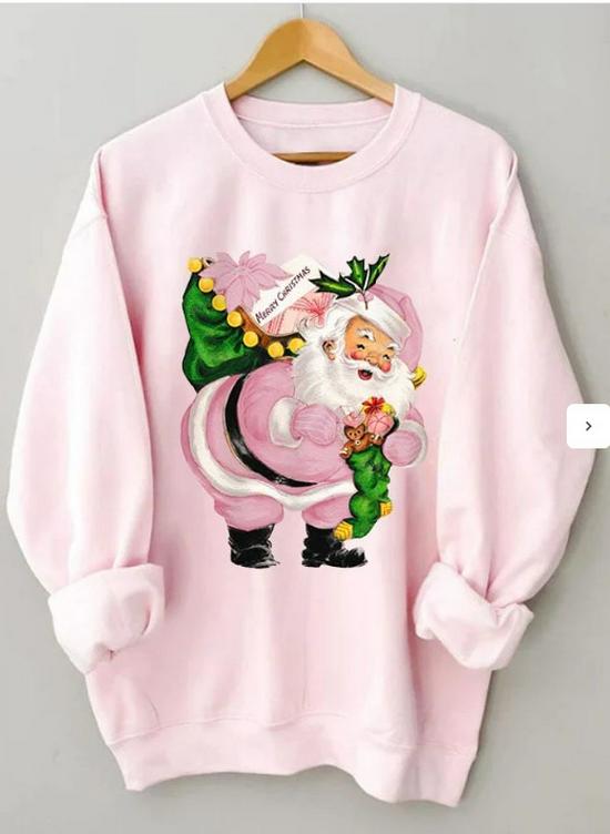 Women's Santa Claus Christmas Hoodie - European Pattern, Long Sleeve, Round Neck